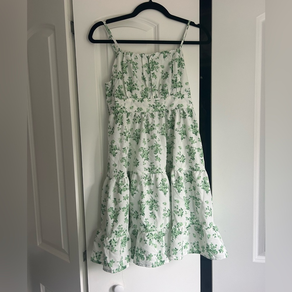 White and green floral summer mini dress